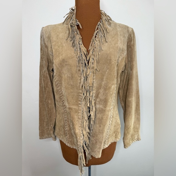 NWT Chico’s Suede Leather Fringe Dallas Coat Camel Color Fully Lined Size 1 - Picture 1 of 11